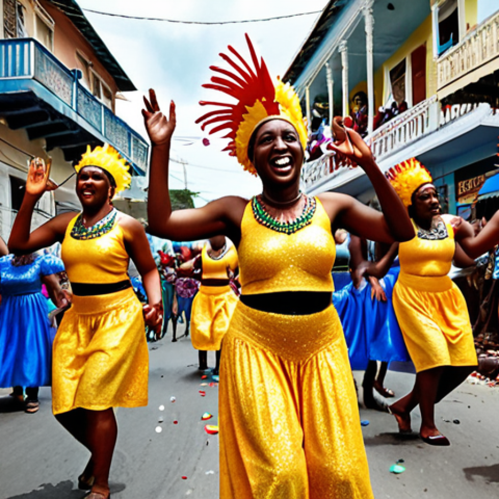 **Image Prompt:** A vibrant street scene during Haiti's Kanaval (Carnival). Focus on the elaborate and colorful costumes, joyful dancers covered in confetti, a large, decorated float moving down the street, and a "Rara" band with traditional instruments energizing the crowd. Capture the feeling of unity and celebration amongst the Haitian people.
