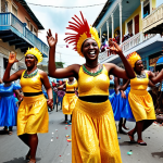 **Image Prompt:** A vibrant street scene during Haiti's Kanaval (Carnival). Focus on the elaborate and colorful costumes, joyful dancers covered in confetti, a large, decorated float moving down the street, and a "Rara" band with traditional instruments energizing the crowd. Capture the feeling of unity and celebration amongst the Haitian people.