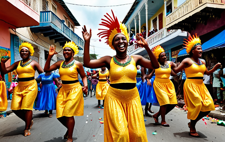 **Image Prompt:** A vibrant street scene during Haiti's Kanaval (Carnival). Focus on the elaborate and colorful costumes, joyful dancers covered in confetti, a large, decorated float moving down the street, and a "Rara" band with traditional instruments energizing the crowd. Capture the feeling of unity and celebration amongst the Haitian people.