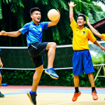 **Image of a Sepak Takraw Match:** "A dynamic action shot of a Sepak Takraw match in Malaysia, players in mid-air executing a powerful kick, traditional Malay village background, spectators cheering enthusiastically, fully clothed athletes, appropriate attire, safe for work, perfect anatomy, natural proportions, high resolution, professional sports photography, vibrant colors, family-friendly."