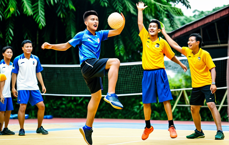 **Image of a Sepak Takraw Match:** "A dynamic action shot of a Sepak Takraw match in Malaysia, players in mid-air executing a powerful kick, traditional Malay village background, spectators cheering enthusiastically, fully clothed athletes, appropriate attire, safe for work, perfect anatomy, natural proportions, high resolution, professional sports photography, vibrant colors, family-friendly."