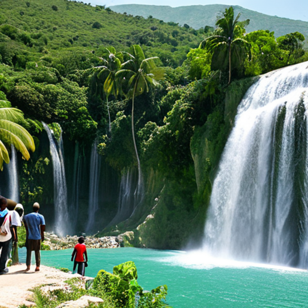 **

"A breathtaking view of Saut-Mathurine waterfall in Haiti, surrounded by lush greenery, clear water cascading down. Fully clothed tourists are admiring the scenery. Safe for work, appropriate content, perfect anatomy, natural proportions, professional landscape photography, high quality."

**