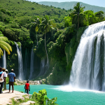 **

"A breathtaking view of Saut-Mathurine waterfall in Haiti, surrounded by lush greenery, clear water cascading down. Fully clothed tourists are admiring the scenery. Safe for work, appropriate content, perfect anatomy, natural proportions, professional landscape photography, high quality."

**