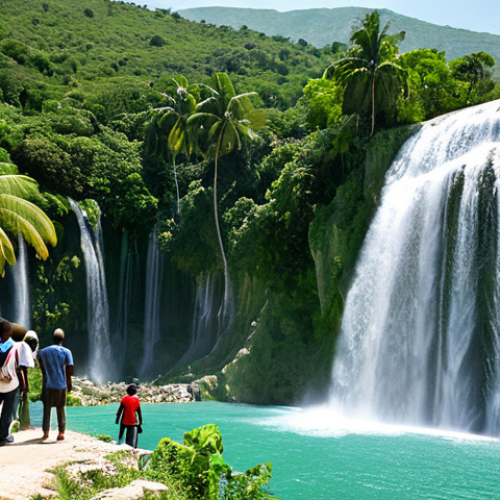 **

"A breathtaking view of Saut-Mathurine waterfall in Haiti, surrounded by lush greenery, clear water cascading down. Fully clothed tourists are admiring the scenery. Safe for work, appropriate content, perfect anatomy, natural proportions, professional landscape photography, high quality."

**