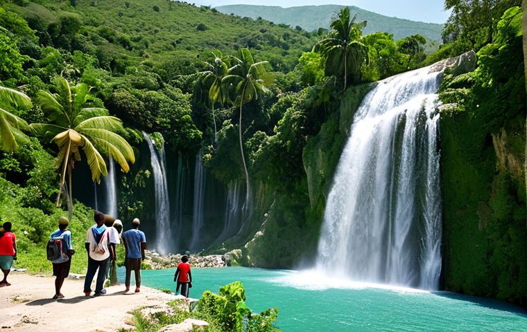 **

"A breathtaking view of Saut-Mathurine waterfall in Haiti, surrounded by lush greenery, clear water cascading down. Fully clothed tourists are admiring the scenery. Safe for work, appropriate content, perfect anatomy, natural proportions, professional landscape photography, high quality."

**